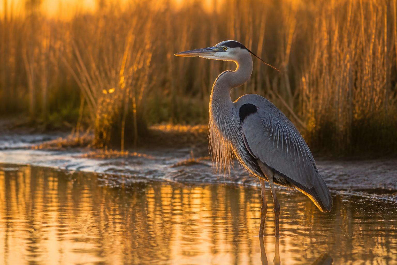 Great blue heron standing in a golden tidal marsh at sunrise